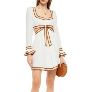 Zimmermann super 8 white linen western mini dress round neck cutouts bow size 0